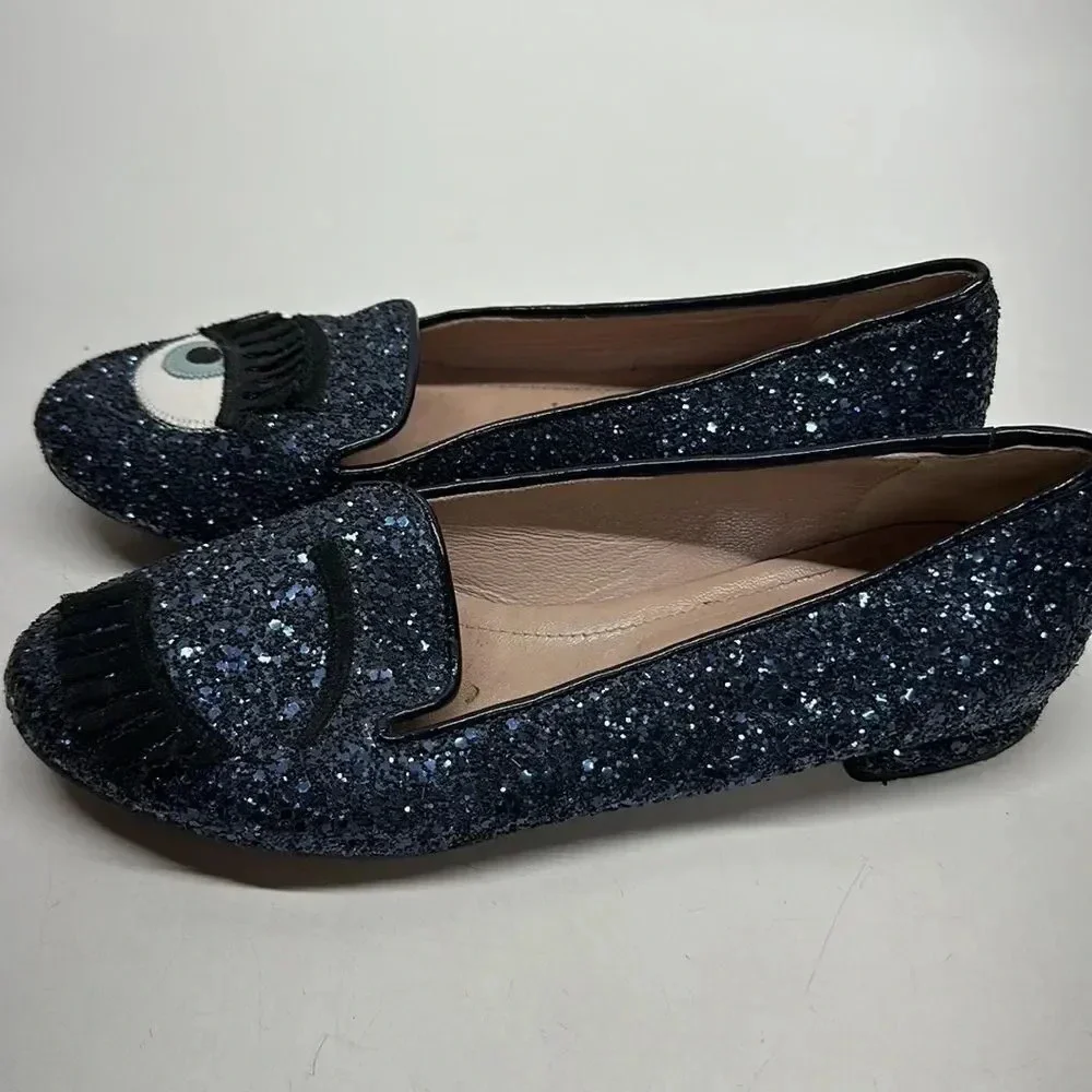Chiara Ferragni Glitter Ballet Flats Shoes Wink Evil Eye Navy Blue Size 36 6